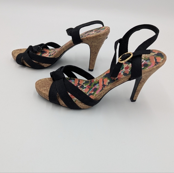 Fioni Black Bow Cork Sandals Heels Pin-Up Core Rockabilly Retro Summer 5.5W - Picture 4 of 11